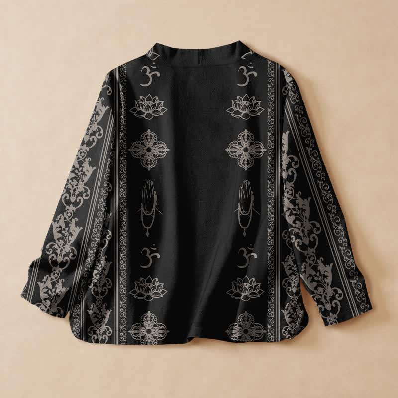 Buddha Stones Kimono de manga larga para mujer, estilo Hanfu, con cuello en V y cordones, estampado de loto de algodón y diseño Om. - image 1