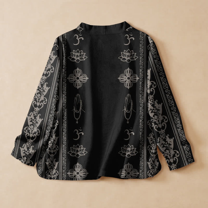 Buddha Stones Kimono de manga larga para mujer, estilo Hanfu, con cuello en V y cordones, estampado de loto de algodón y diseño Om. - image 1