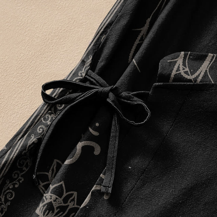 Buddha Stones Kimono de manga larga para mujer, estilo Hanfu, con cuello en V y cordones, estampado de loto de algodón y diseño Om. - image 3