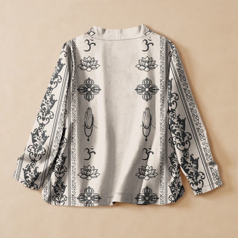 Buddha Stones Kimono de manga larga para mujer, estilo Hanfu, con cuello en V y cordones, estampado de loto de algodón y diseño Om. - image 6