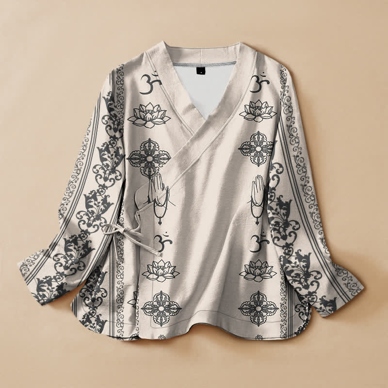 Buddha Stones Kimono de manga larga para mujer, estilo Hanfu, con cuello en V y cordones, estampado de loto de algodón y diseño Om. - Marfil - US16，UK/AU20，EU48 (3XL) - image 5