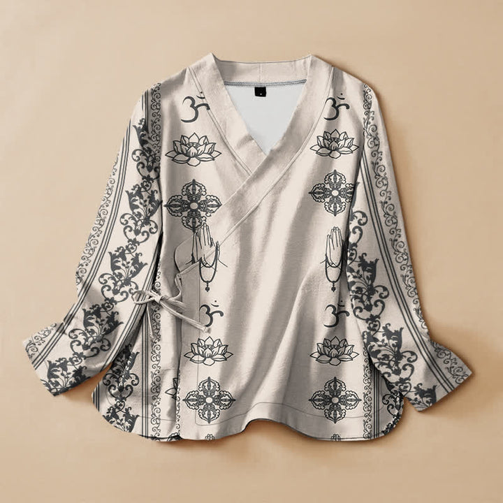Buddha Stones Kimono de manga larga para mujer, estilo Hanfu, con cuello en V y cordones, estampado de loto de algodón y diseño Om. - Marfil - US16，UK/AU20，EU48 (3XL) - image 5