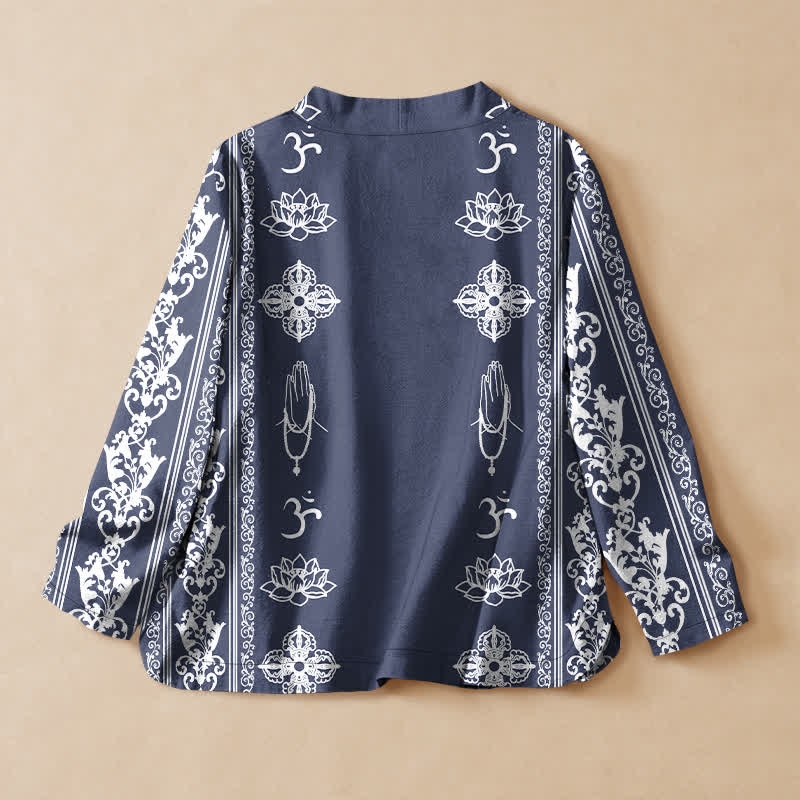 Buddha Stones Kimono de manga larga para mujer, estilo Hanfu, con cuello en V y cordones, estampado de loto de algodón y diseño Om. - image 8