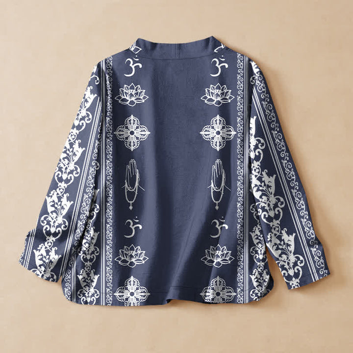 Buddha Stones Kimono de manga larga para mujer, estilo Hanfu, con cuello en V y cordones, estampado de loto de algodón y diseño Om. - image 8