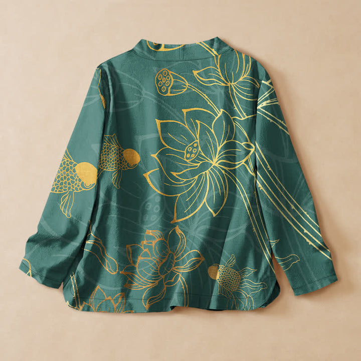 Buddha Stones Camisa kimono de manga larga para mujer, estilo kimono, con cuello en V, estampado de flor de loto y pez, de algodón. - image 1