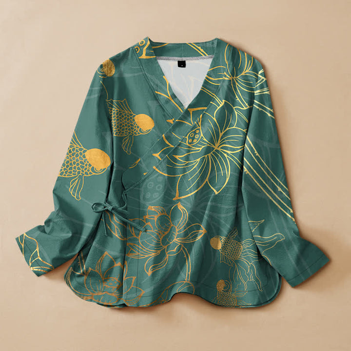Buddha Stones Camisa kimono de manga larga para mujer, estilo kimono, con cuello en V, estampado de flor de loto y pez, de algodón. - Verde azulado - US16，UK/AU20，EU48 (3XL) - image 0