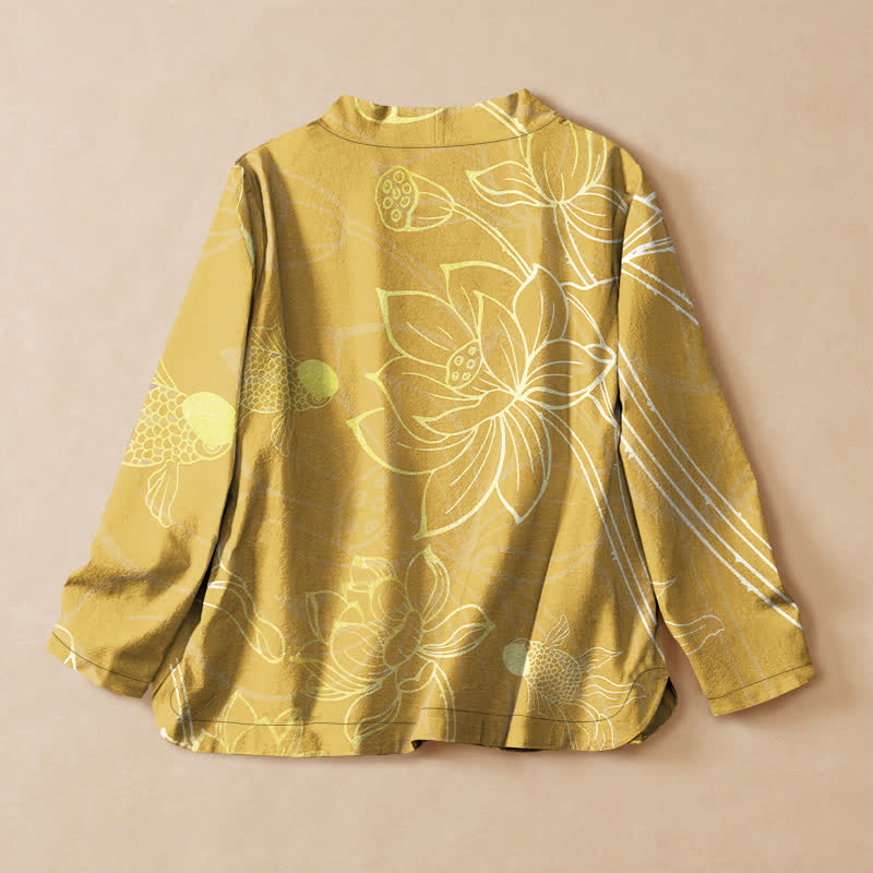 Buddha Stones Camisa kimono de manga larga para mujer, estilo kimono, con cuello en V, estampado de flor de loto y pez, de algodón. - image 8