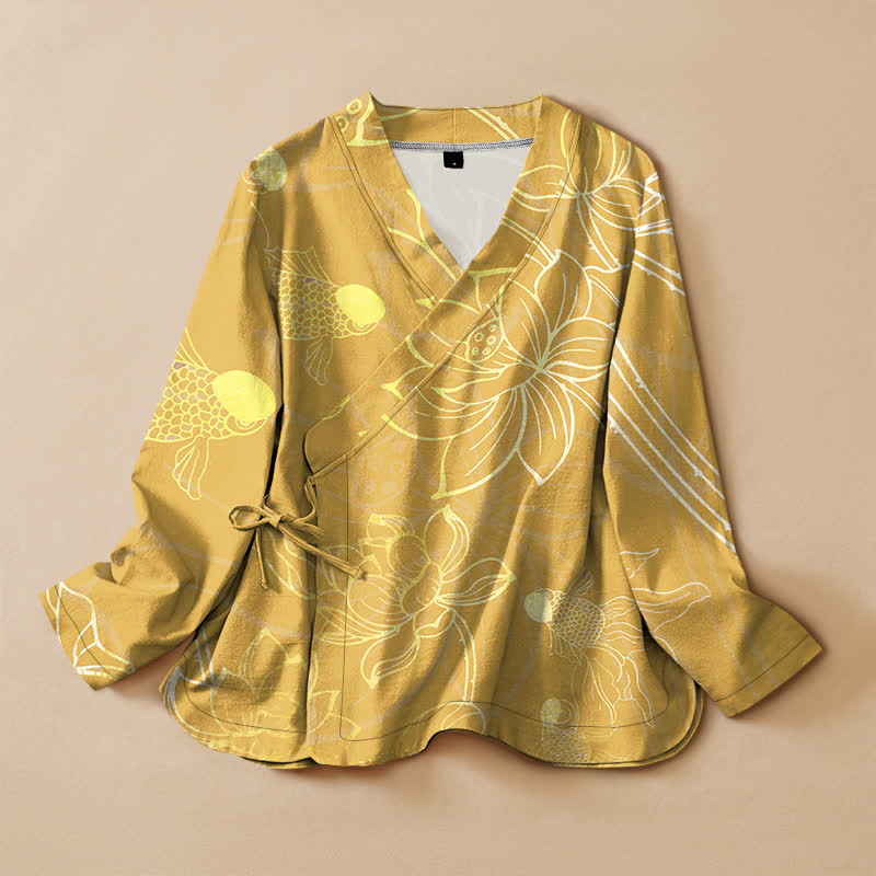 Buddha Stones Camisa kimono de manga larga para mujer, estilo kimono, con cuello en V, estampado de flor de loto y pez, de algodón. - Oro - US16，UK/AU20，EU48 (3XL) - image 7