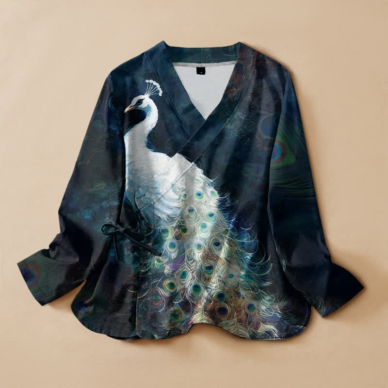 Buddha Stones Camisa kimono de manga larga para mujer con cuello en V y cordones, estampado de plumas de pavo real, de algodón. - Azul medianoche - US16，UK/AU20，EU48 (3XL) - image 0