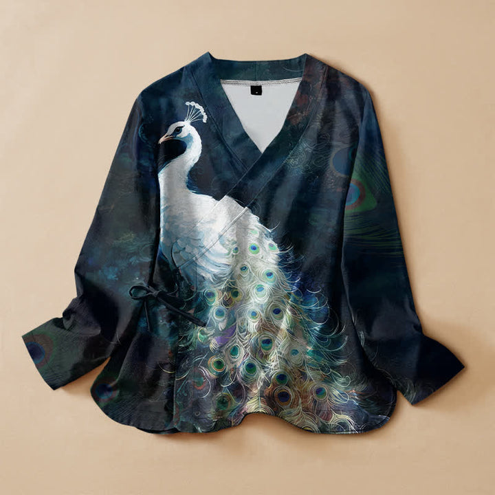 Buddha Stones Camisa kimono de manga larga para mujer con cuello en V y cordones, estampado de plumas de pavo real, de algodón. - Azul medianoche - US16，UK/AU20，EU48 (3XL) - image 0