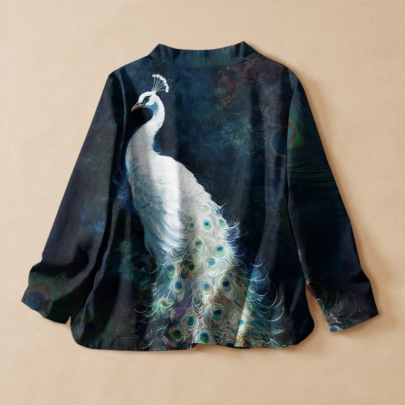 Buddha Stones Camisa kimono de manga larga para mujer con cuello en V y cordones, estampado de plumas de pavo real, de algodón. - image 1