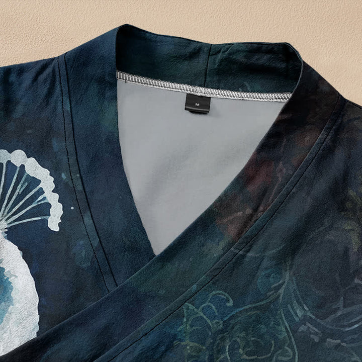 Buddha Stones Camisa kimono de manga larga para mujer con cuello en V y cordones, estampado de plumas de pavo real, de algodón. - image 2