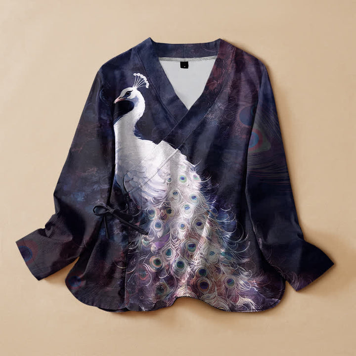 Buddha Stones Camisa kimono de manga larga para mujer con cuello en V y cordones, estampado de plumas de pavo real, de algodón. - Índigo - US16，UK/AU20，EU48 (3XL) - image 5