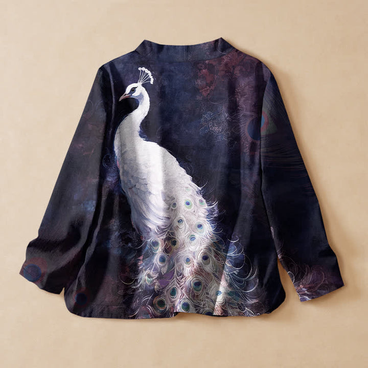Buddha Stones Camisa kimono de manga larga para mujer con cuello en V y cordones, estampado de plumas de pavo real, de algodón. - image 6