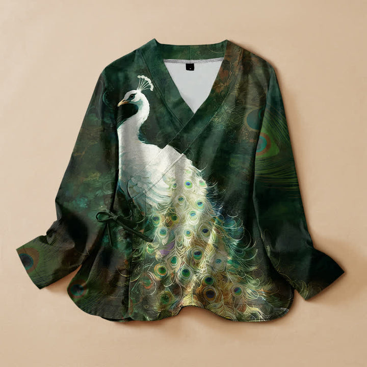 Buddha Stones Camisa kimono de manga larga para mujer con cuello en V y cordones, estampado de plumas de pavo real, de algodón. - Verde oscuro - US16，UK/AU20，EU48 (3XL) - image 7