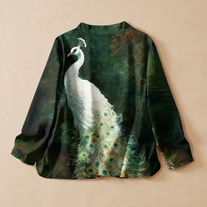 Buddha Stones Camisa kimono de manga larga para mujer con cuello en V y cordones, estampado de plumas de pavo real, de algodón. - image 8