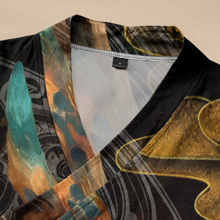 Buddha Stones Camisa kimono de manga larga para mujer, estilo hanfu, con cuello en V y cordones, de algodón, con estampado de nubes y fénix dorado. - image 2