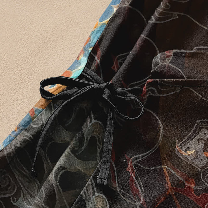 Buddha Stones Camisa kimono de manga larga para mujer, estilo hanfu, con cuello en V y cordones, de algodón, con estampado de nubes y fénix dorado. - image 3
