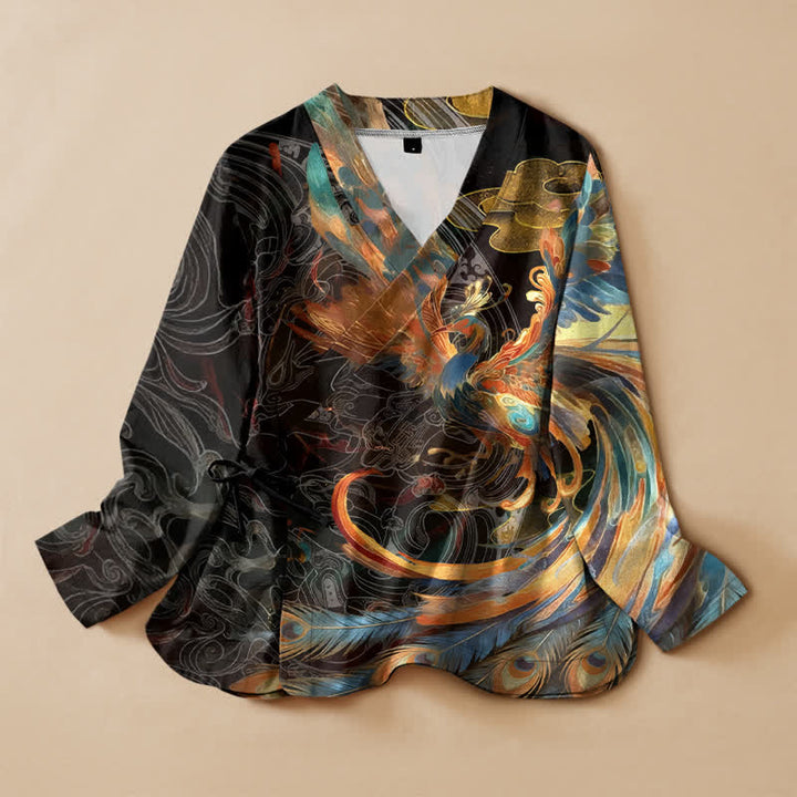 Buddha Stones Camisa kimono de manga larga para mujer, estilo hanfu, con cuello en V y cordones, de algodón, con estampado de nubes y fénix dorado. - Negro - US16，UK/AU20，EU48 (3XL) - image 0