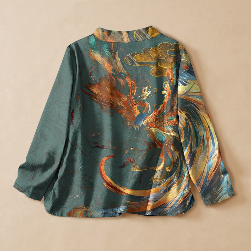 Buddha Stones Camisa kimono de manga larga para mujer, estilo hanfu, con cuello en V y cordones, de algodón, con estampado de nubes y fénix dorado. - image 6
