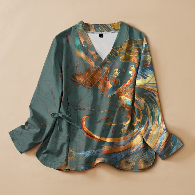 Buddha Stones Camisa kimono de manga larga para mujer, estilo hanfu, con cuello en V y cordones, de algodón, con estampado de nubes y fénix dorado. - Verde azulado - US16，UK/AU20，EU48 (3XL) - image 5