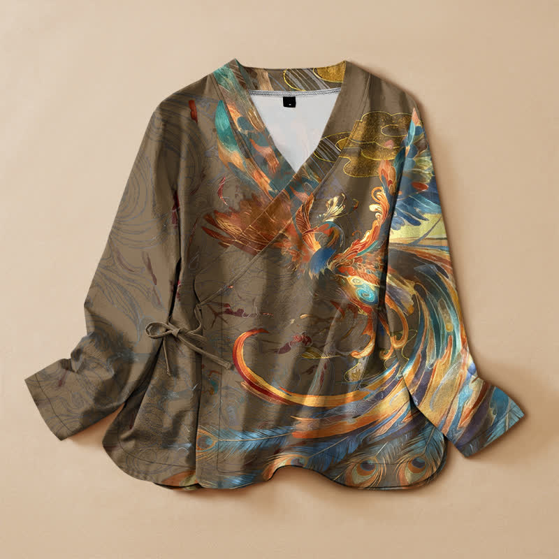 Buddha Stones Camisa kimono de manga larga para mujer, estilo hanfu, con cuello en V y cordones, de algodón, con estampado de nubes y fénix dorado. - Vara de oro oscura - US16，UK/AU20，EU48 (3XL) - image 7