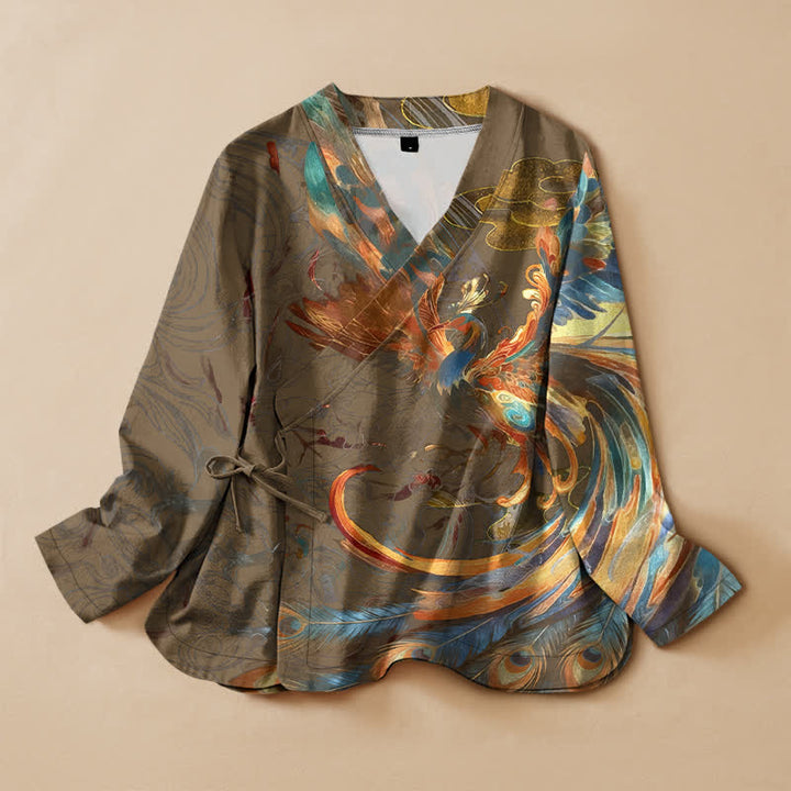 Buddha Stones Camisa kimono de manga larga para mujer, estilo hanfu, con cuello en V y cordones, de algodón, con estampado de nubes y fénix dorado. - Vara de oro oscura - US16，UK/AU20，EU48 (3XL) - image 7
