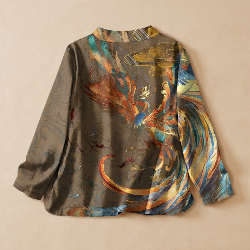 Buddha Stones Camisa kimono de manga larga para mujer, estilo hanfu, con cuello en V y cordones, de algodón, con estampado de nubes y fénix dorado. - image 8