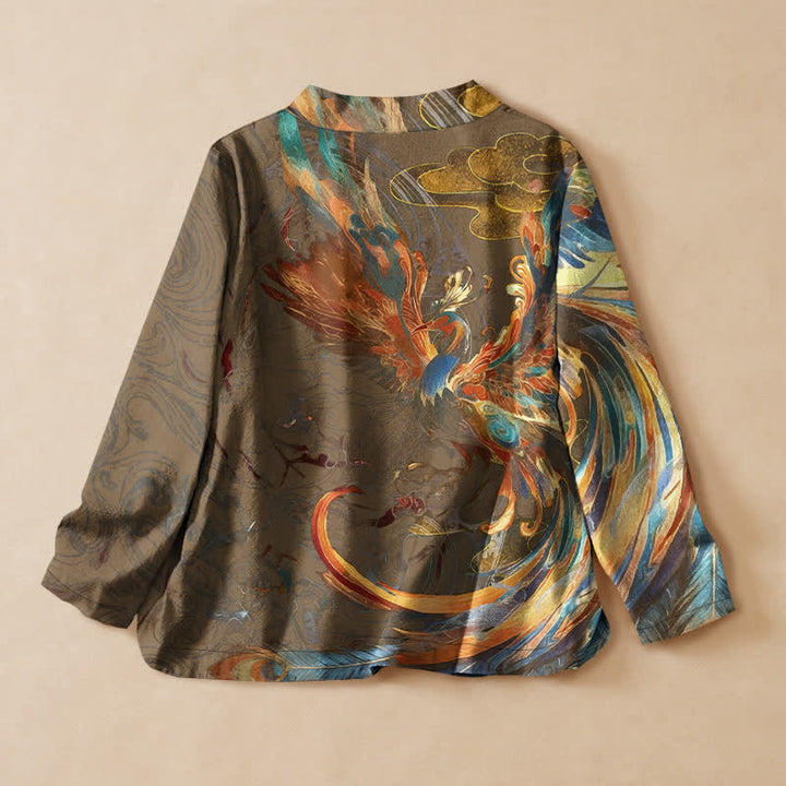 Buddha Stones Camisa kimono de manga larga para mujer, estilo hanfu, con cuello en V y cordones, de algodón, con estampado de nubes y fénix dorado. - image 8