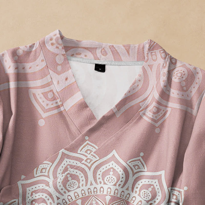 Buddha Stones Camisa kimono de manga larga para mujer, estilo hanfu, con cuello en V y cordones, de algodón blanco con estampado de mandala. - image 2