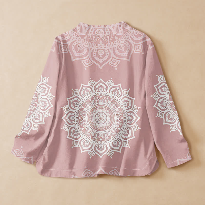 Buddha Stones Camisa kimono de manga larga para mujer, estilo hanfu, con cuello en V y cordones, de algodón blanco con estampado de mandala. - image 1