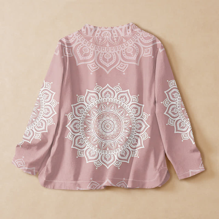 Buddha Stones Camisa kimono de manga larga para mujer, estilo hanfu, con cuello en V y cordones, de algodón blanco con estampado de mandala. - image 1