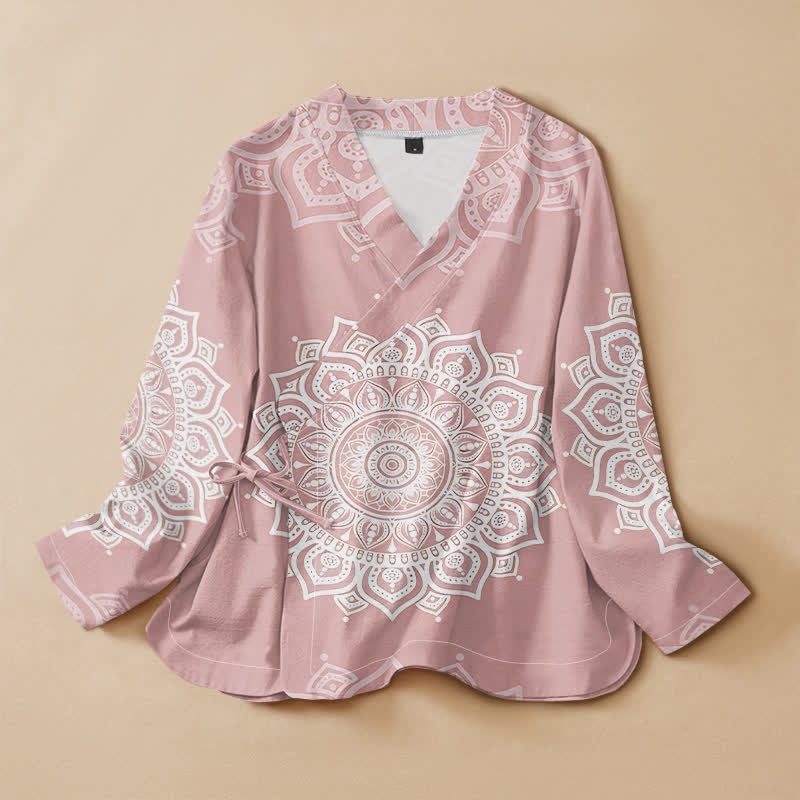 Buddha Stones Camisa kimono de manga larga para mujer, estilo hanfu, con cuello en V y cordones, de algodón blanco con estampado de mandala. - rosa claro - US16，UK/AU20，EU48 (3XL) - image 0