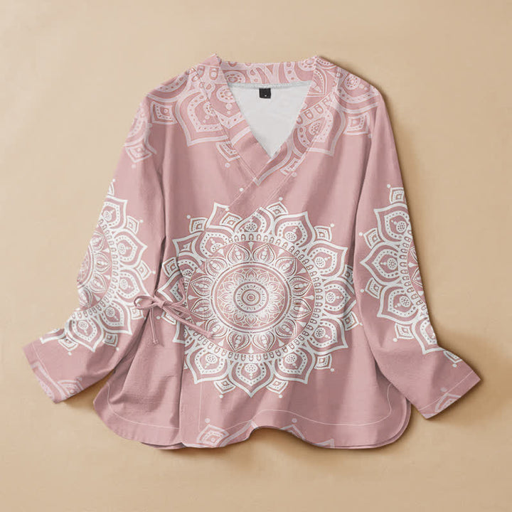 Buddha Stones Camisa kimono de manga larga para mujer, estilo hanfu, con cuello en V y cordones, de algodón blanco con estampado de mandala. - rosa claro - US16，UK/AU20，EU48 (3XL) - image 0