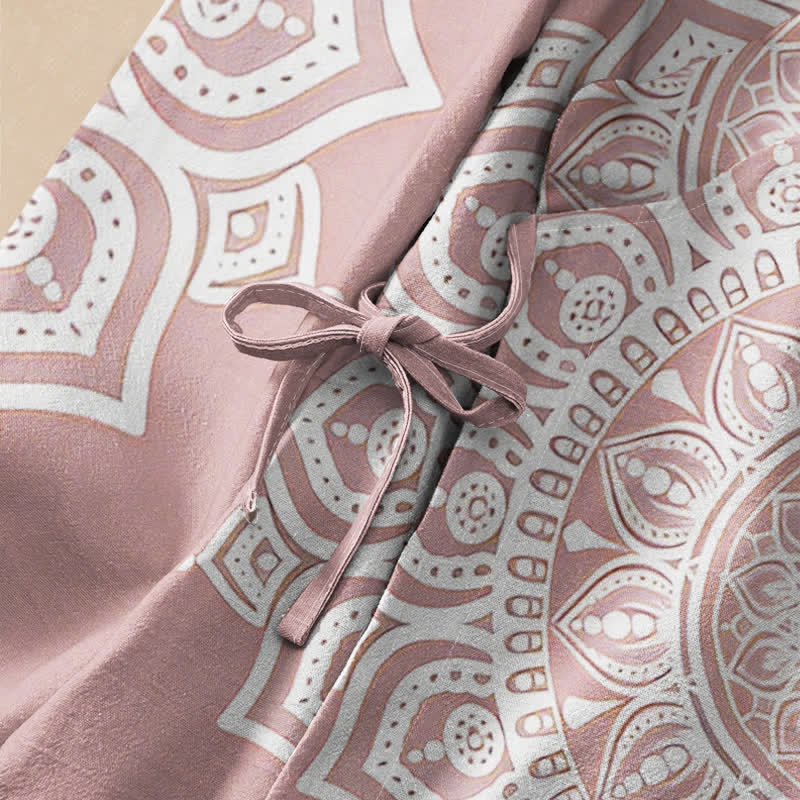 Buddha Stones Camisa kimono de manga larga para mujer, estilo hanfu, con cuello en V y cordones, de algodón blanco con estampado de mandala. - image 3