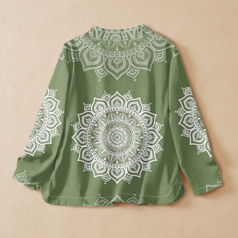 Buddha Stones Camisa kimono de manga larga para mujer, estilo hanfu, con cuello en V y cordones, de algodón blanco con estampado de mandala. - image 6