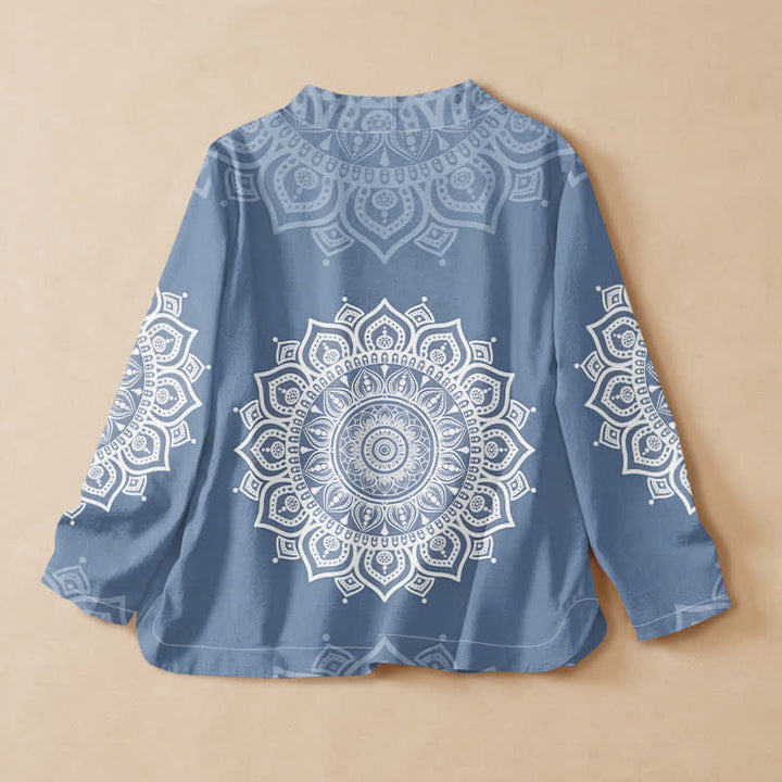 Buddha Stones Camisa kimono de manga larga para mujer, estilo hanfu, con cuello en V y cordones, de algodón blanco con estampado de mandala. - image 8