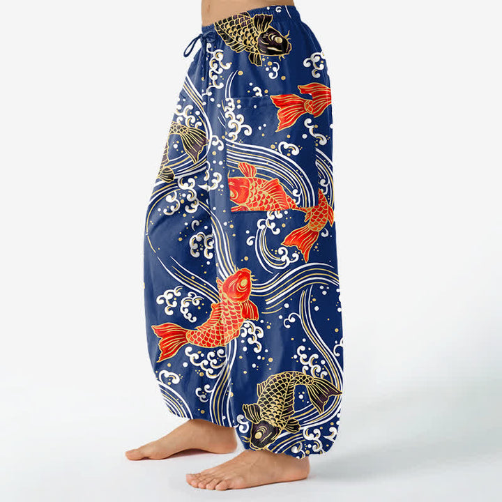 Buddha Stones Pantalones harem de algodón con estampado de olas Koi para mujer, cintura elástica y bolsillos laterales. - image 1