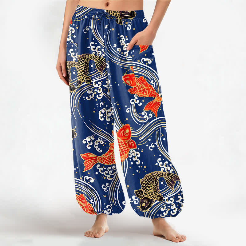 Buddha Stones Pantalones harem de algodón con estampado de olas Koi para mujer, cintura elástica y bolsillos laterales. - Marina de guerra - US16，UK/AU20，EU48 (3XL) - image 0