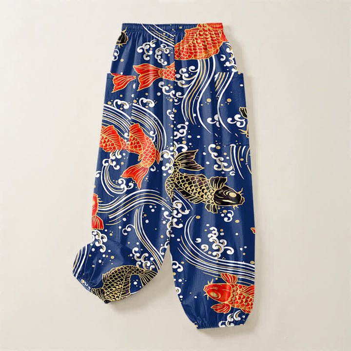 Buddha Stones Pantalones harem de algodón con estampado de olas Koi para mujer, cintura elástica y bolsillos laterales. - image 4