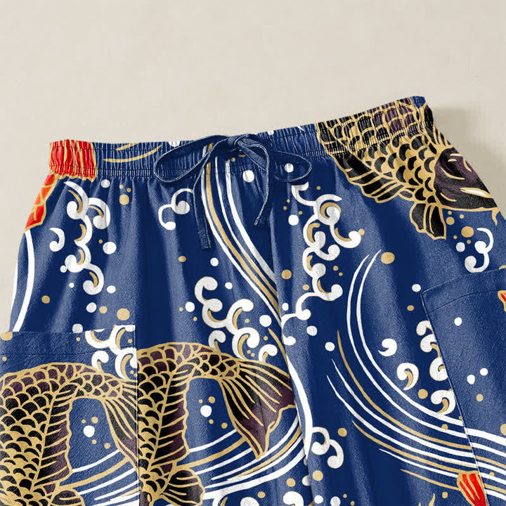 Buddha Stones Pantalones harem de algodón con estampado de olas Koi para mujer, cintura elástica y bolsillos laterales. - image 5