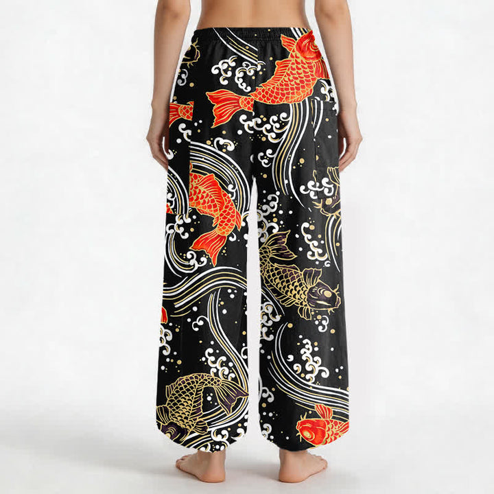 Buddha Stones Pantalones harem de algodón con estampado de olas Koi para mujer, cintura elástica y bolsillos laterales. - image 9