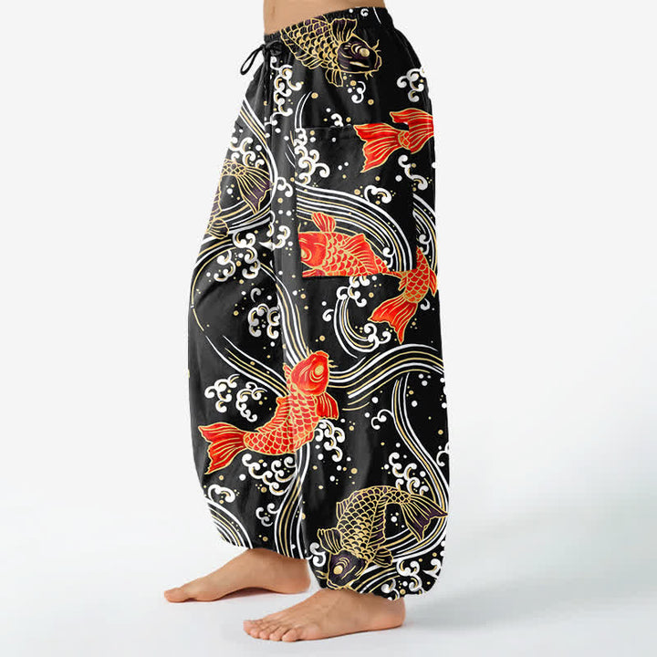 Buddha Stones Pantalones harem de algodón con estampado de olas Koi para mujer, cintura elástica y bolsillos laterales. - image 8