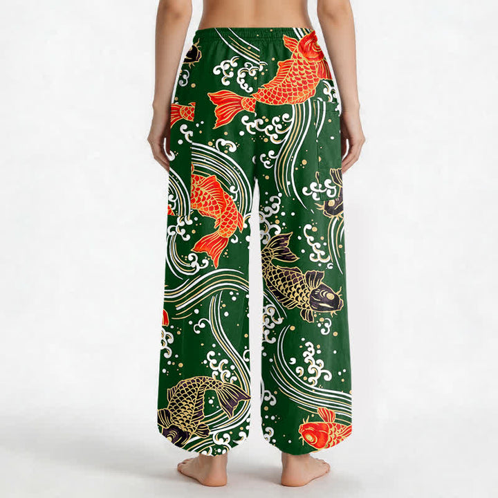 Buddha Stones Pantalones harem de algodón con estampado de olas Koi para mujer, cintura elástica y bolsillos laterales. - image 12