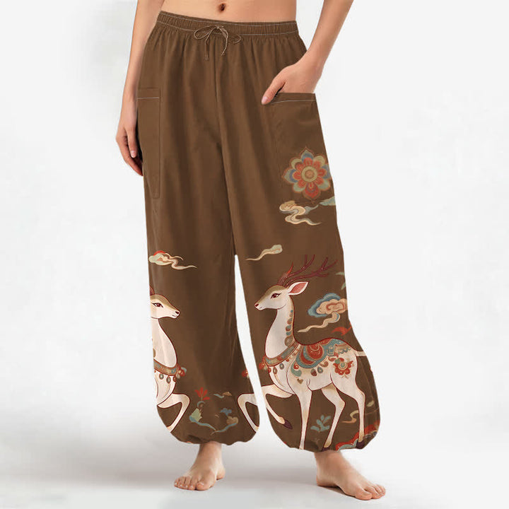 Buddha Stones Pantalones harem de algodón estilo boho con estampado de ciervos y nubes para mujer, cintura elástica y bolsillos laterales. - Tierra de siena - US16，UK/AU20，EU48 (3XL) - image 0