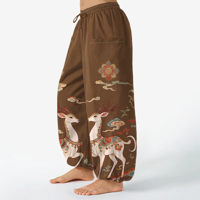 Buddha Stones Pantalones harem de algodón estilo boho con estampado de ciervos y nubes para mujer, cintura elástica y bolsillos laterales. - image 1
