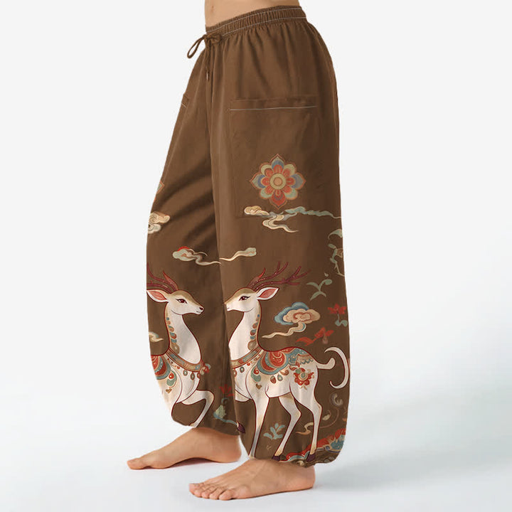 Buddha Stones Pantalones harem de algodón estilo boho con estampado de ciervos y nubes para mujer, cintura elástica y bolsillos laterales. - image 1