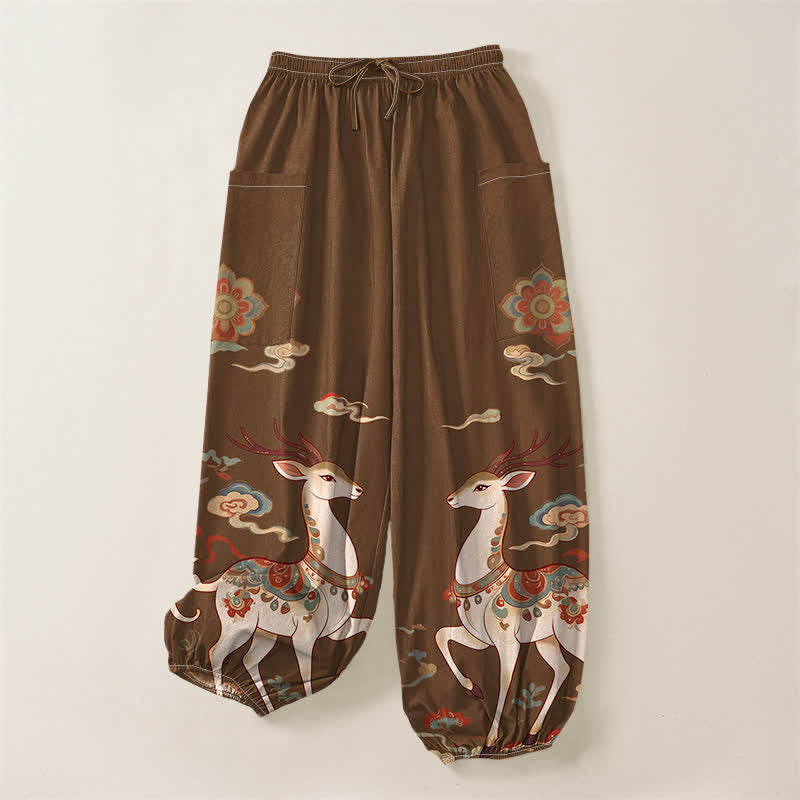 Buddha Stones Pantalones harem de algodón estilo boho con estampado de ciervos y nubes para mujer, cintura elástica y bolsillos laterales. - image 3