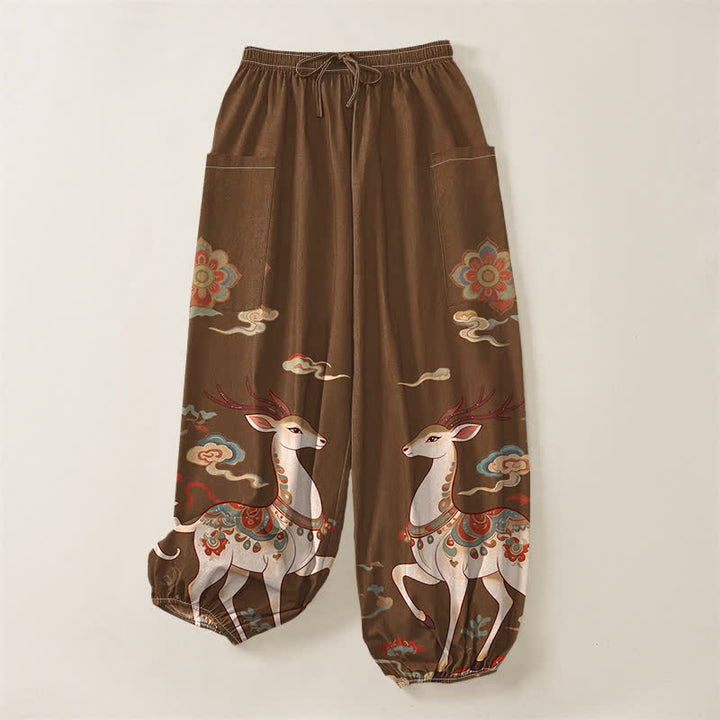 Buddha Stones Pantalones harem de algodón estilo boho con estampado de ciervos y nubes para mujer, cintura elástica y bolsillos laterales. - image 3