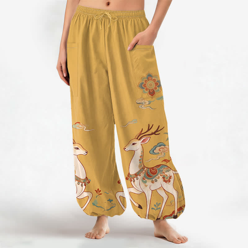 Buddha Stones Pantalones harem de algodón estilo boho con estampado de ciervos y nubes para mujer, cintura elástica y bolsillos laterales. - Oro - US16，UK/AU20，EU48 (3XL) - image 7